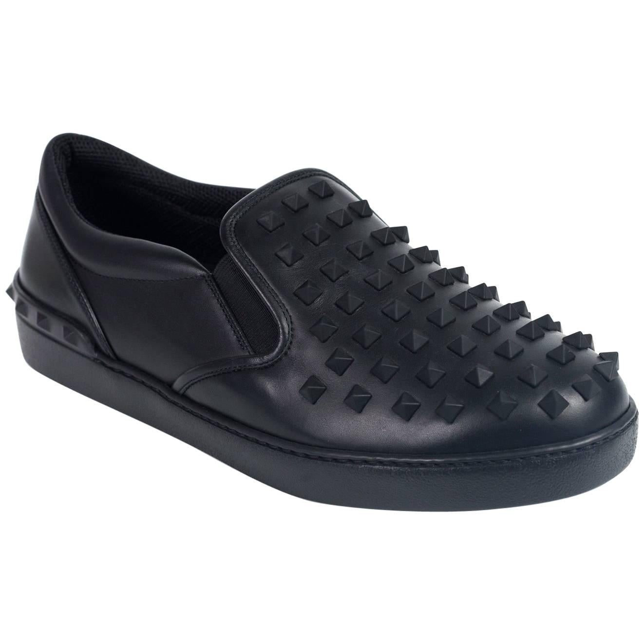 Valentino Mens Black Leather Rockstud Slip On Sneakers For Sale