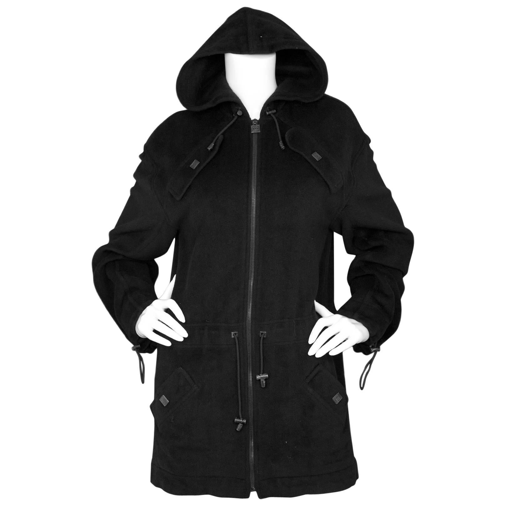 Chanel Sport Black Angora Hooded Jacket Sz FR38