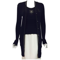 Chanel Black Silk and Cotton Blend Ribbed Twinset With Long Cardigan