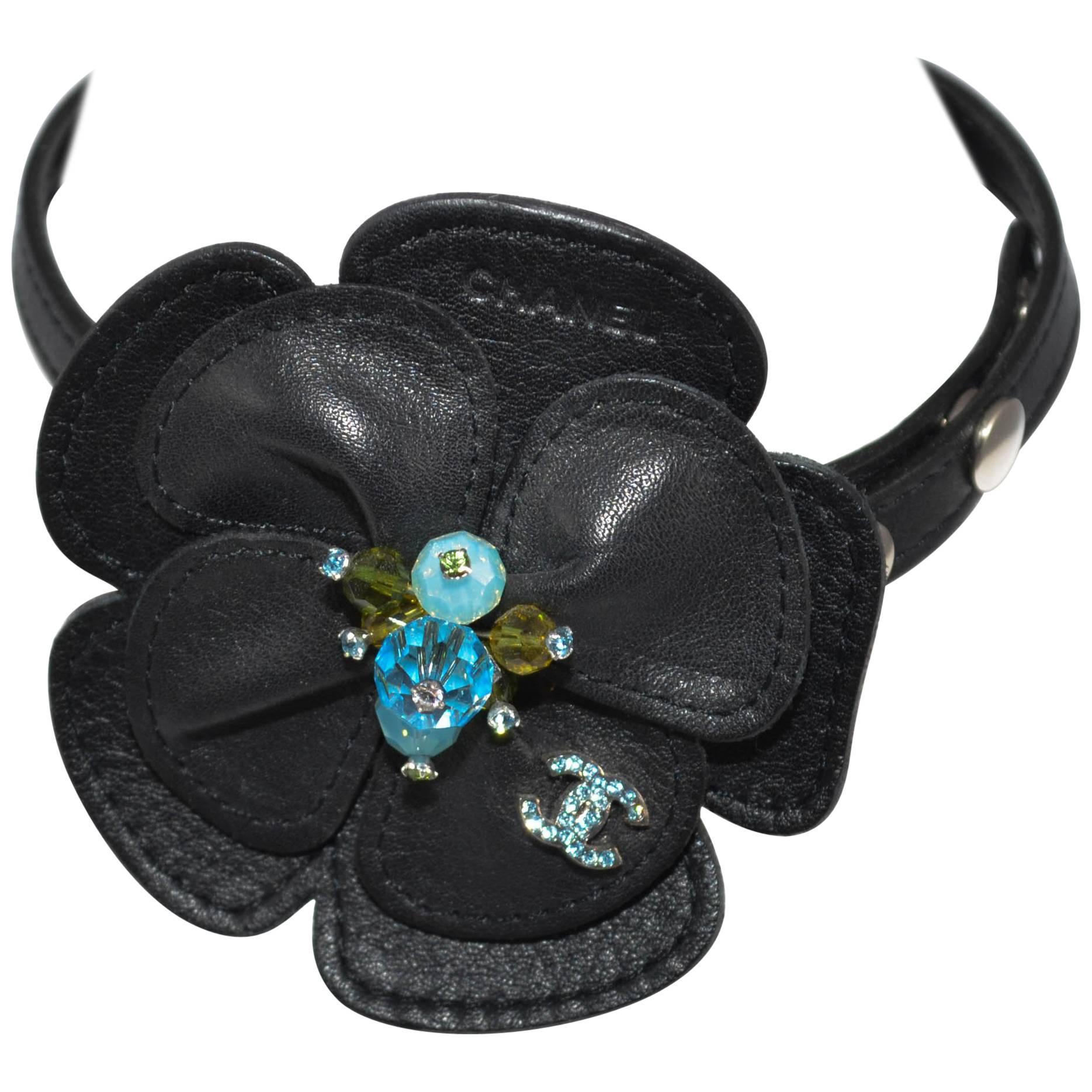Chanel Leather Camelia Flower Choker Necklace / Double Wrap Bracelet