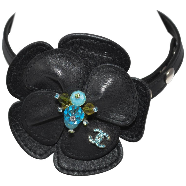 Chanel Leather Camelia Flower Choker Necklace / Double Wrap Bracelet