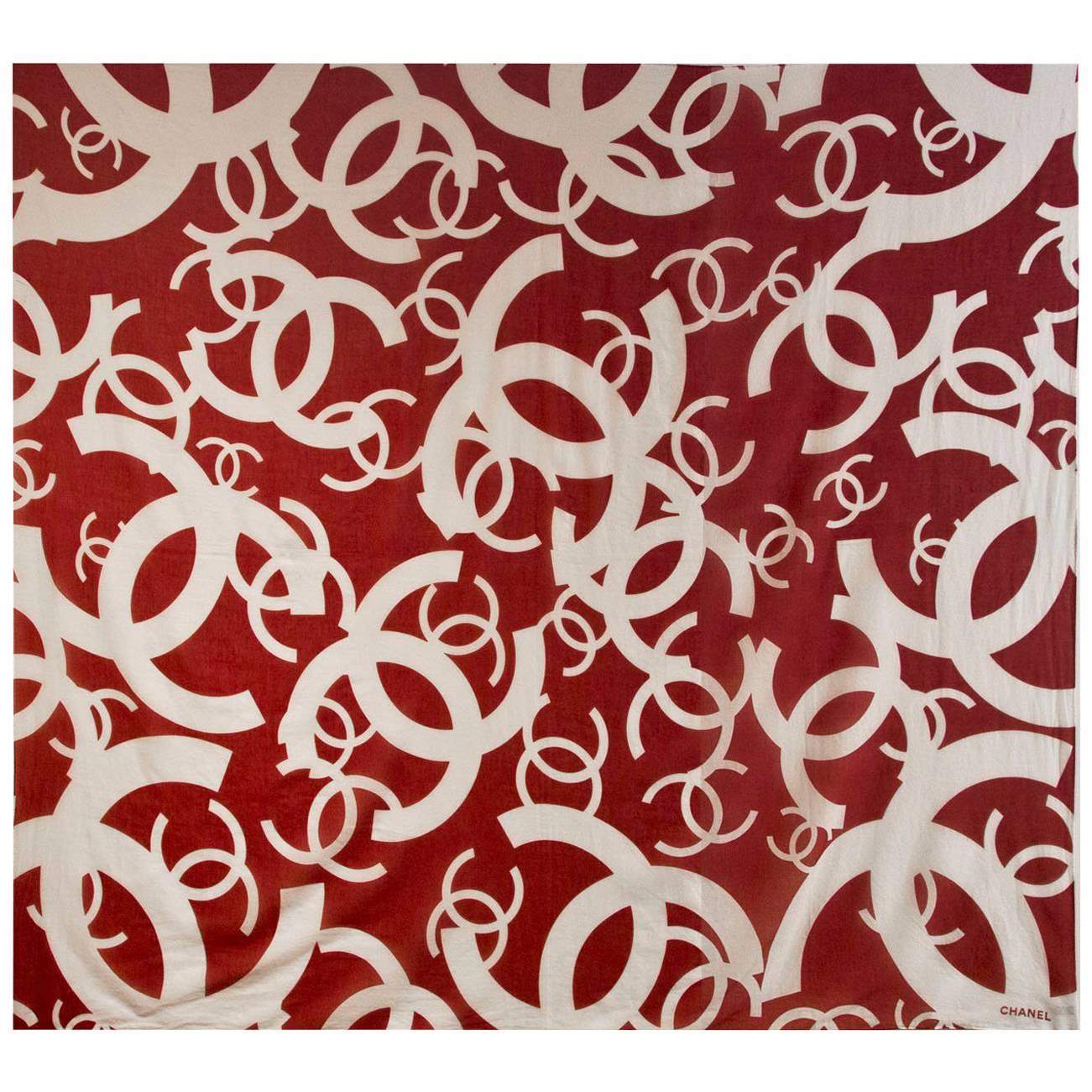 Chanel Red & White Cotton XL CC Shawl Scarf/Wrap