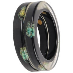 KOLOS DESIGNS 2Pc Black Translucent Lucite Iridescent Beetle Bangle Bracelet Set