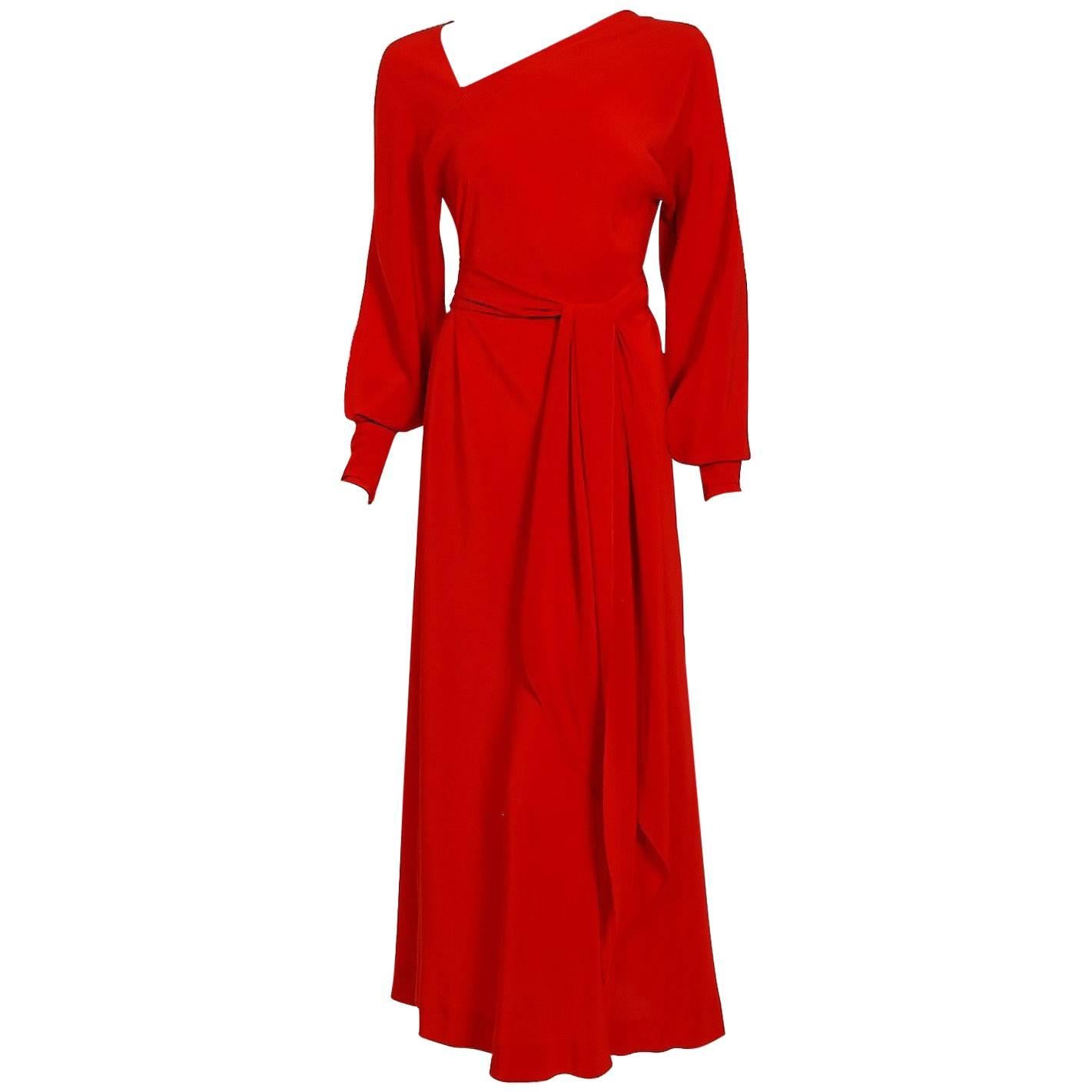 1977 Halston Couture Red Silk Asymmetric Billow-Sleeve Belted Bias Cut Dress 
