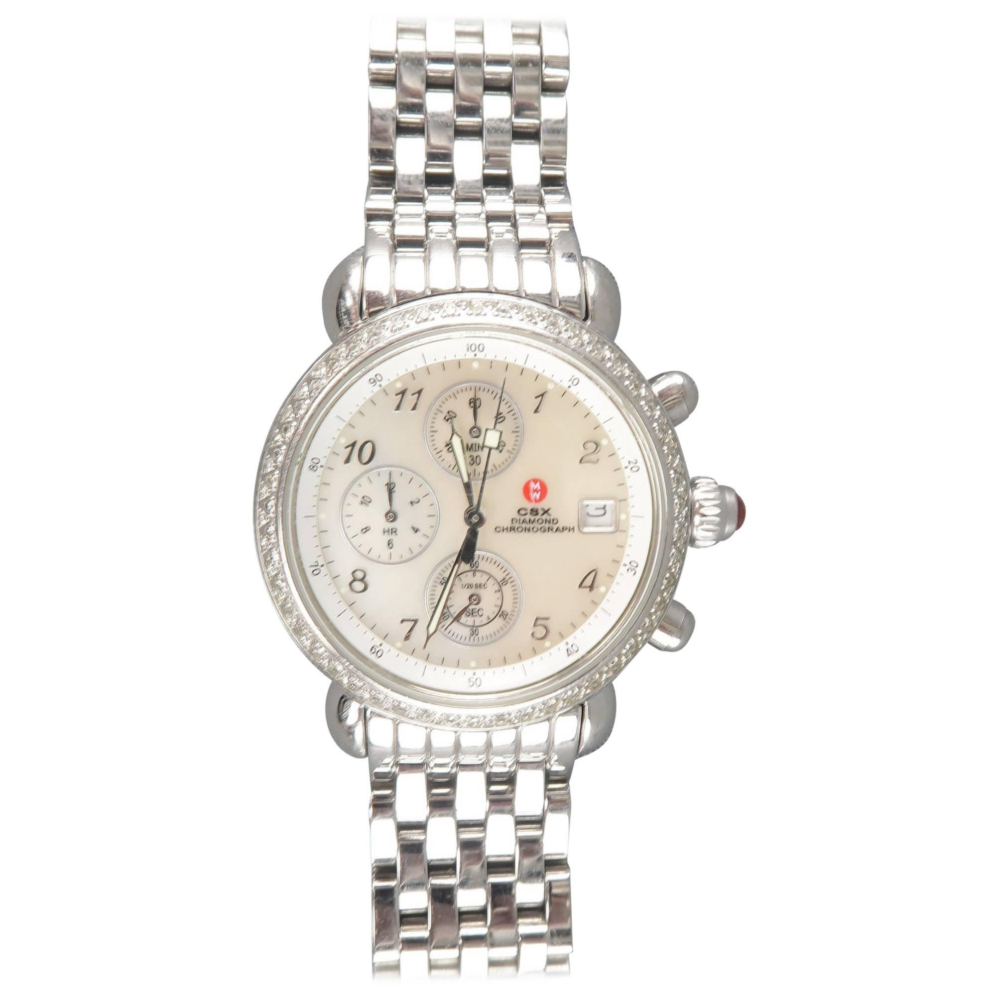 Michele Stainless Steel Silver CSX Diamond Chronograph manual Wristwatch 