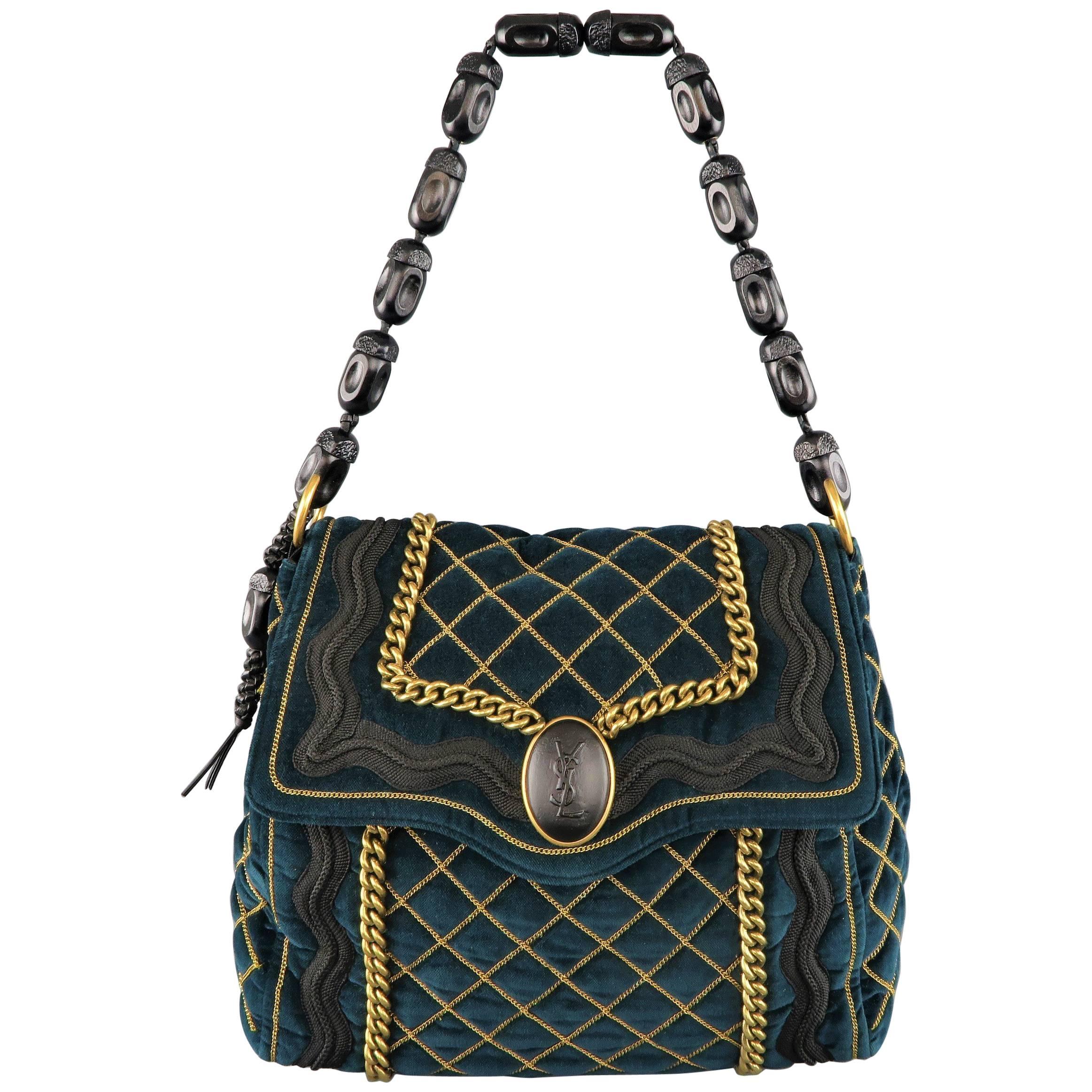 Yves Saint Laurent Green and Gold Chain Quilted Velvet Sac Luxembourg Bag