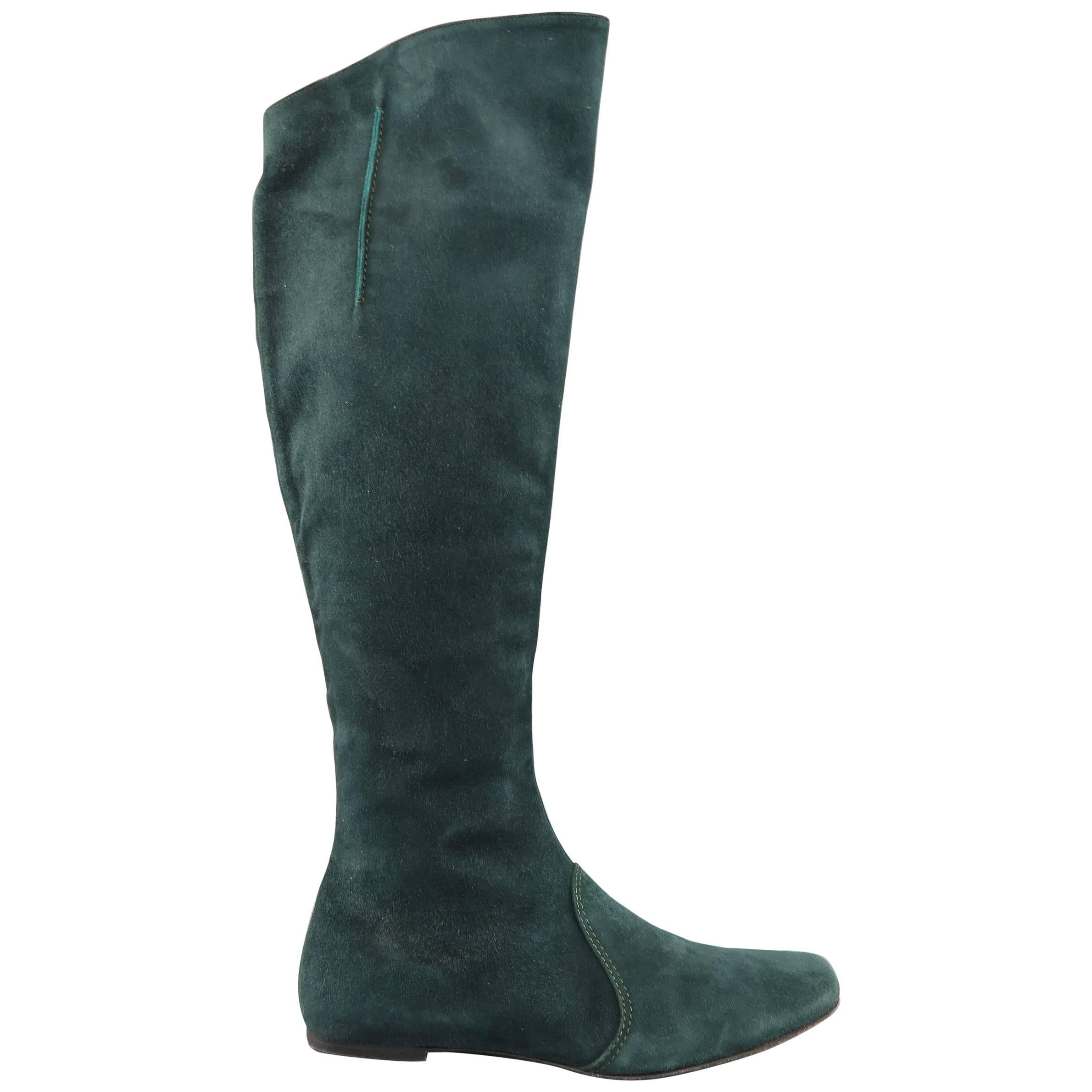 ETRO Size 10 Forest Green Suede Knee High Flat Boots