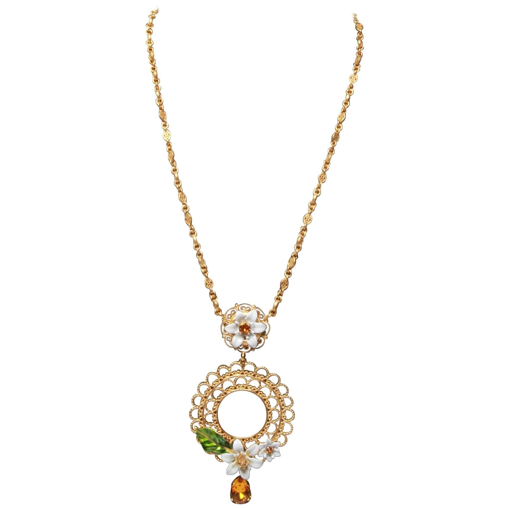 Dolce and Gabbana Gold Floral Pendant Necklace  For Sale