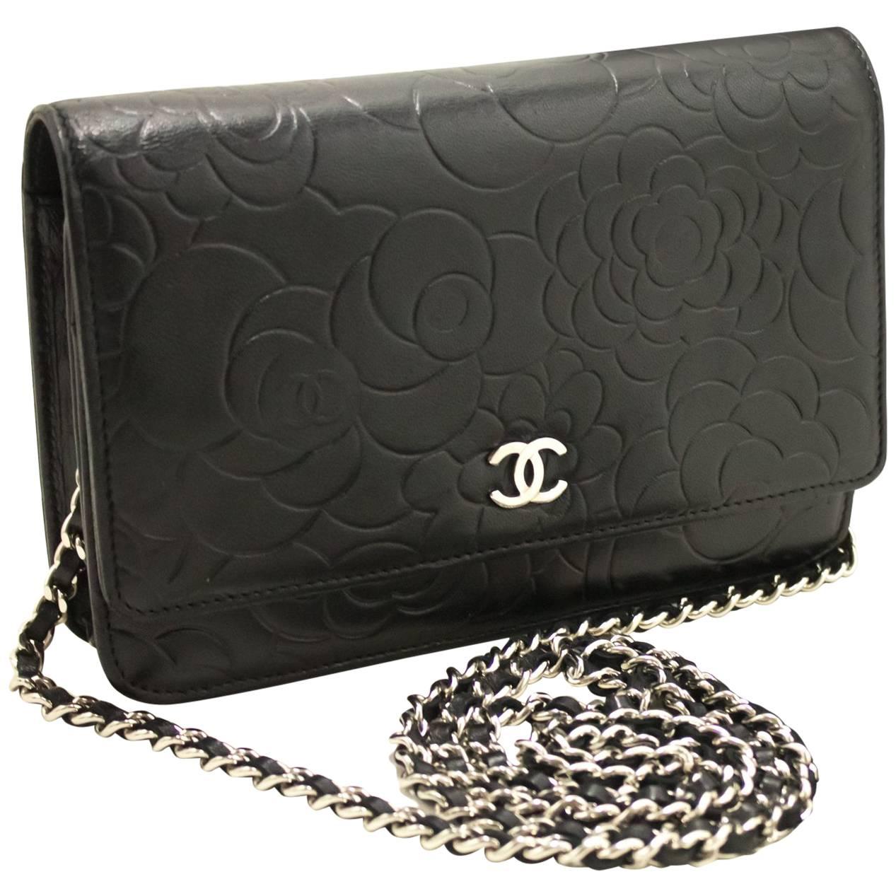 Chanel Black Lambskin Leather Camellia Embossed WOC (wallet-on-chain)  Clutch Bag