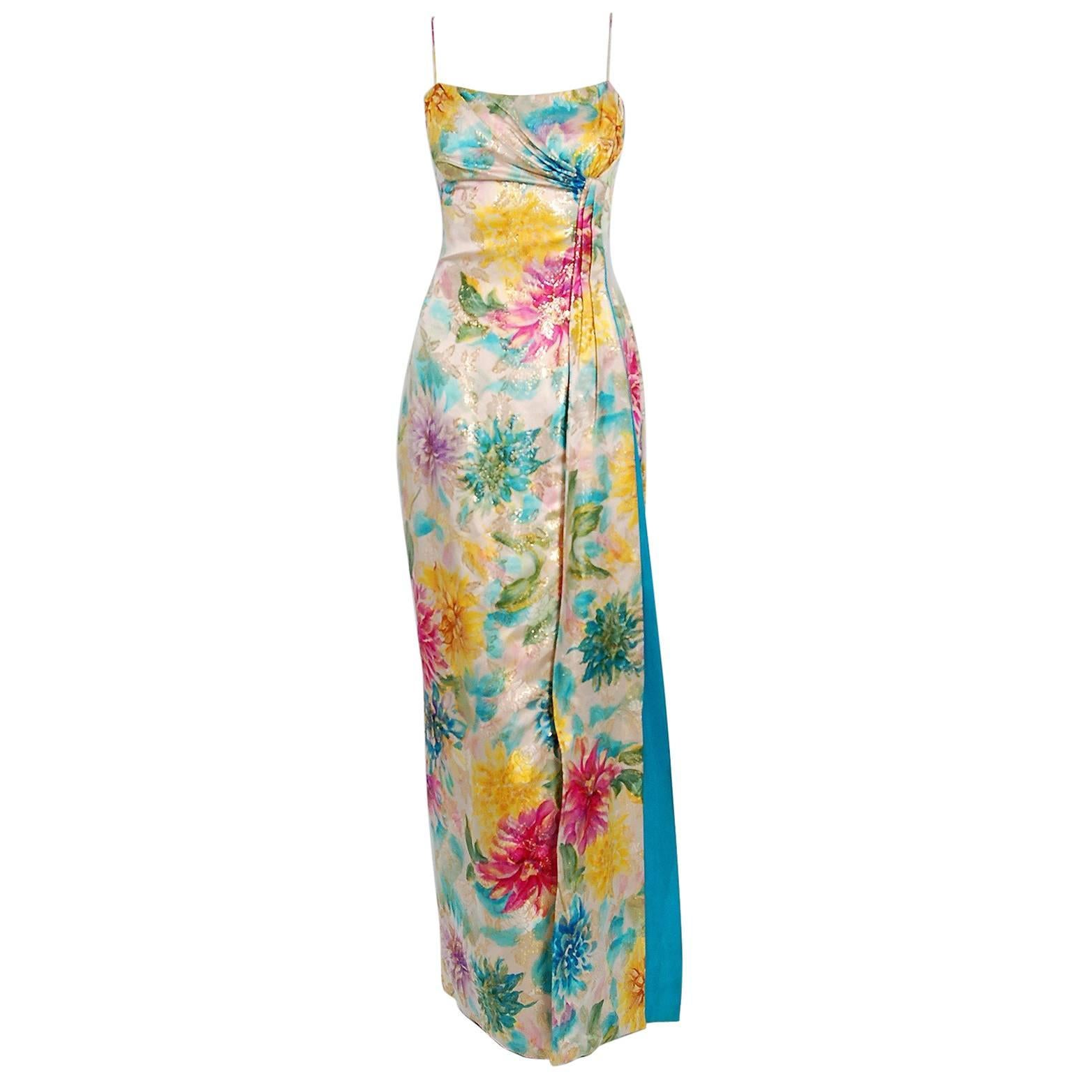 1950's Ceil Chapman Metallic Floral Print Silk-Brocade Draped Hourglass Gown