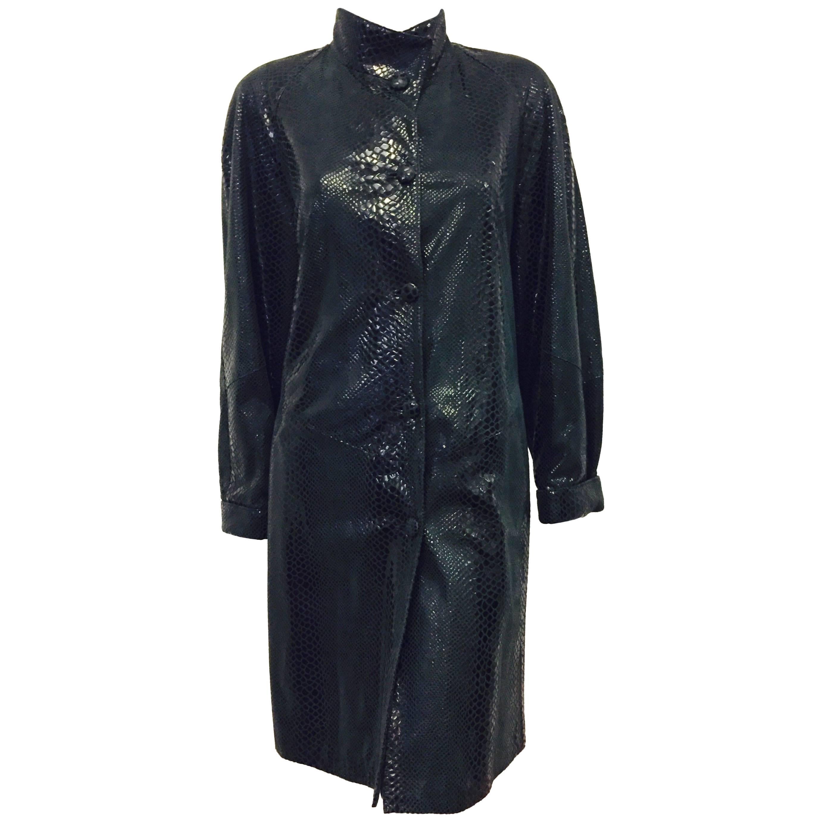 Philippe Vallereuil Green Animal Stamped Leather Coat with Up Collar