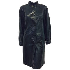 Vintage Philippe Vallereuil Green Animal Stamped Leather Coat with Up Collar