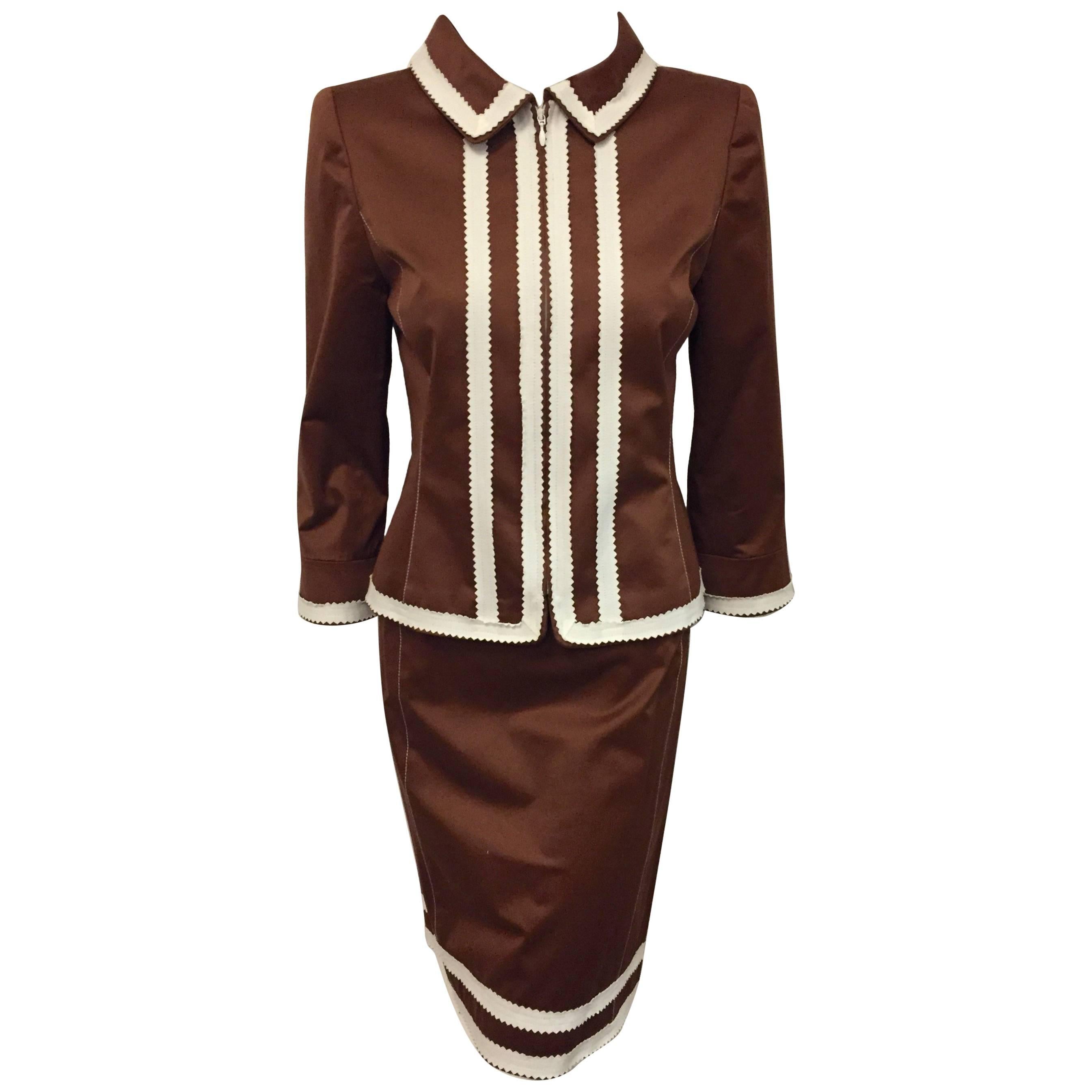   Oscar de la Renta Copper Color Cotton Skirt Suit with White Trim