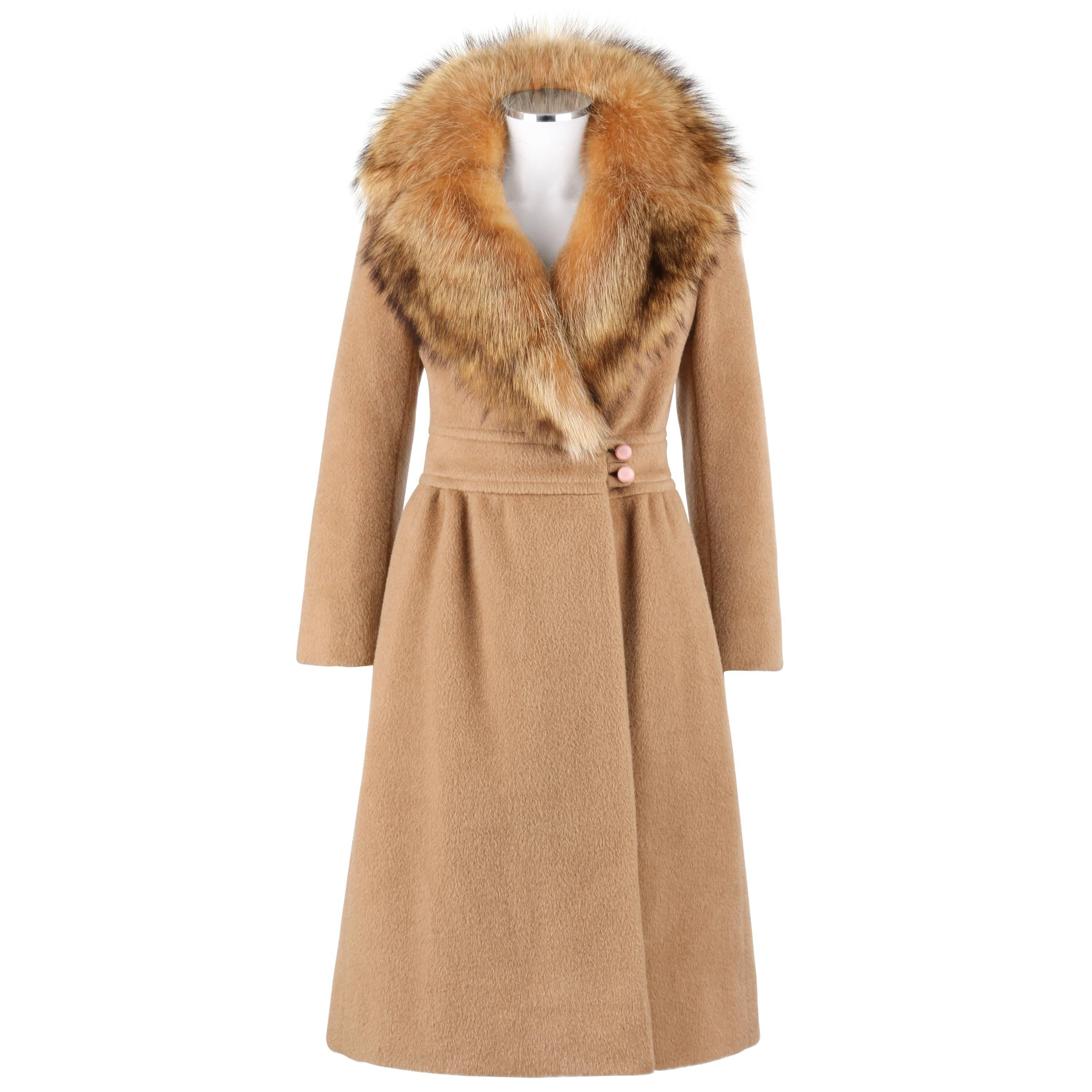 PIERRE CARDIN c.1970's Camel Wool Genuine Fox Fur Collar Princess Coat