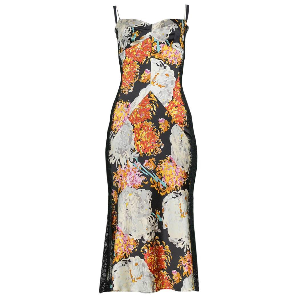 Sexy Dolce & Gabbana Satin Floral Print Cocktail Dress with Black Lace Insets 