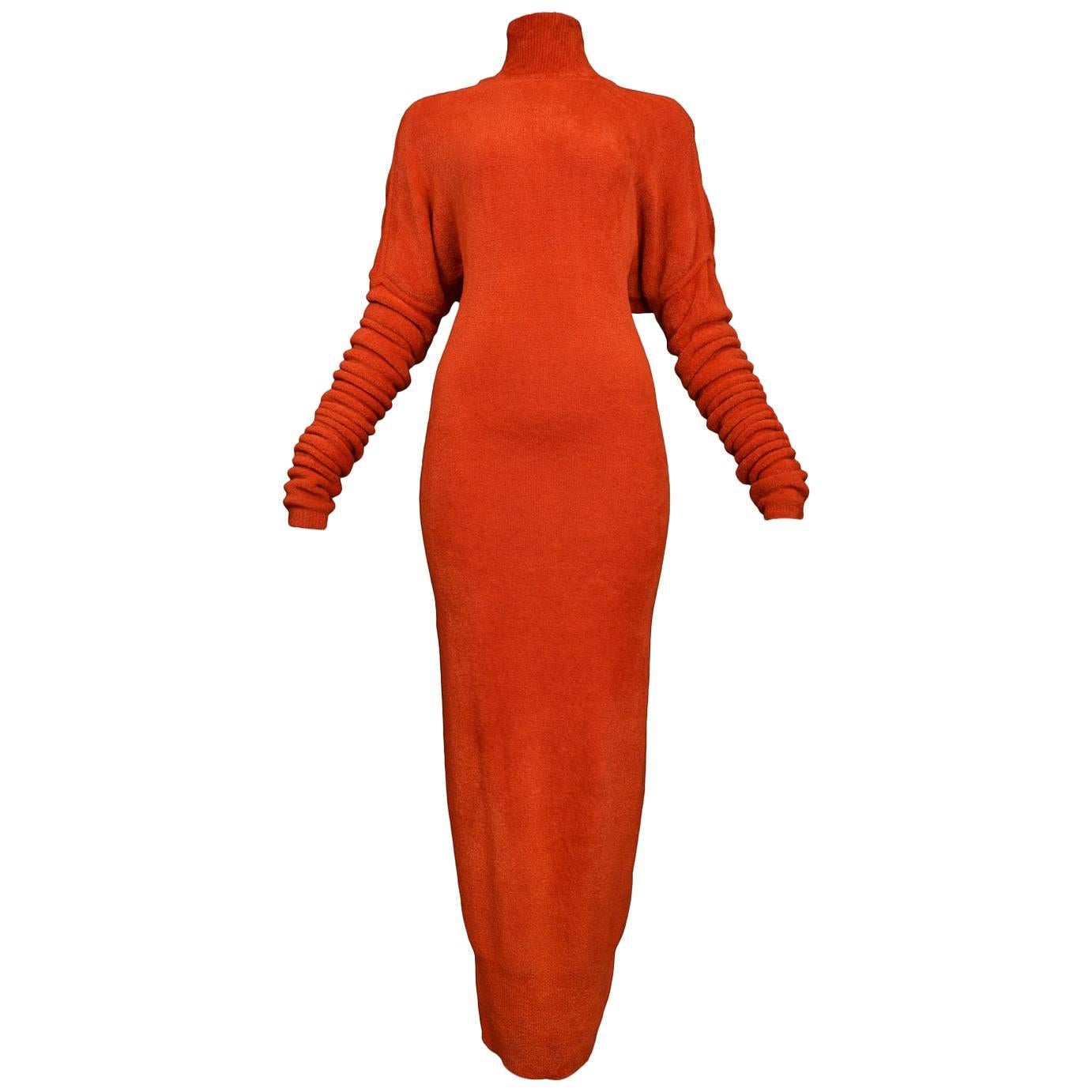 Unusual Holiday Azzedine Alaia Red Velvet Chenille Knit Gown With Glove Sleeves 