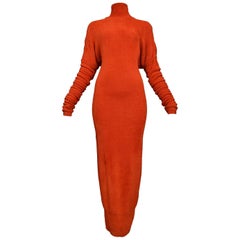 Unusual Holiday Azzedine Alaia Red Velvet Chenille Knit Gown With Glove Sleeves