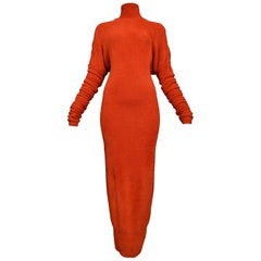 Vintage Unusual Holiday Azzedine Alaia Red Velvet Chenille Knit Gown With Glove Sleeves 