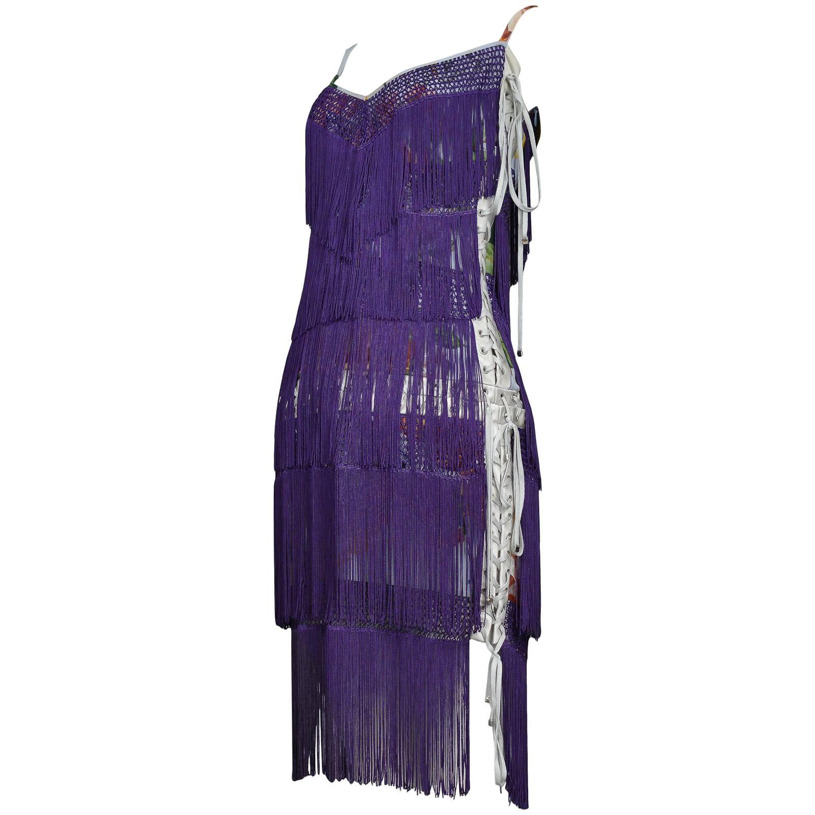 Dolce & Gabbana Purple Fringe and Floral Corset Runway Dress 2003 