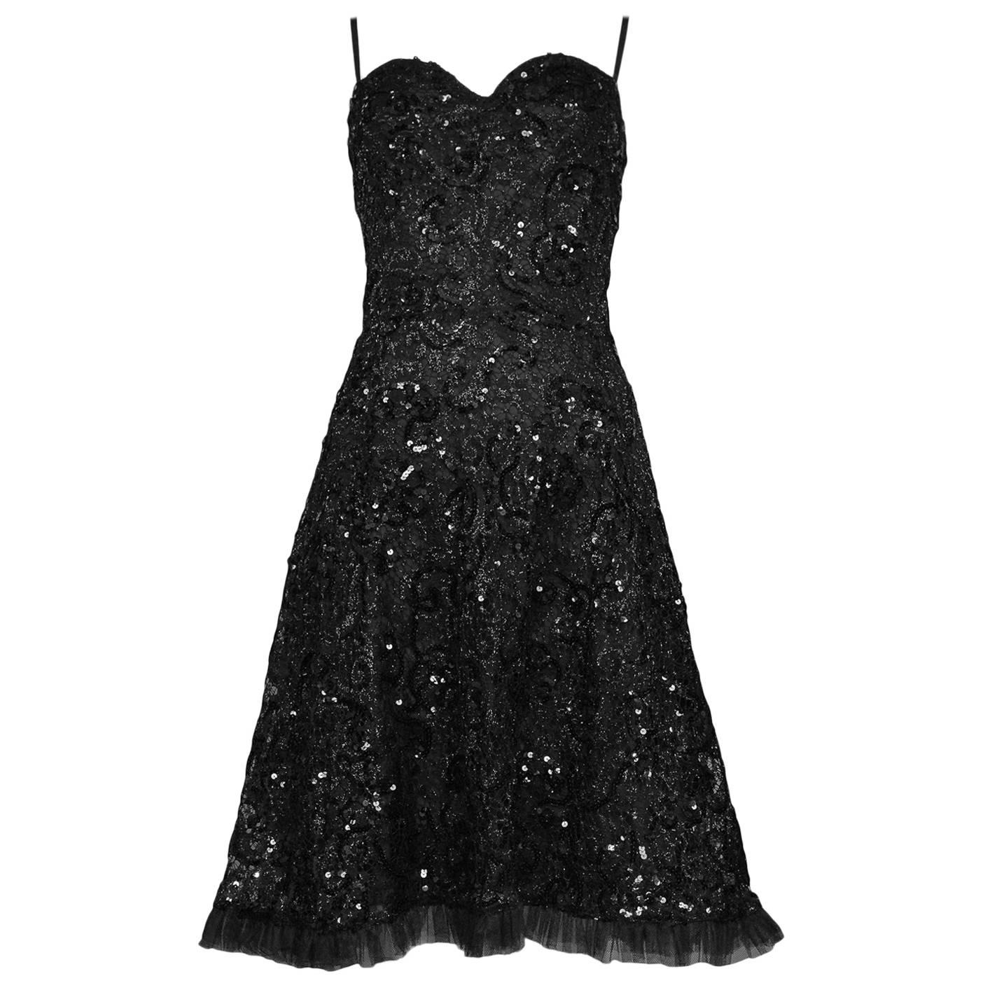 Vintage Yves Saint Laurent Black Lace & Sequin Cocktail Ruffle Dress 