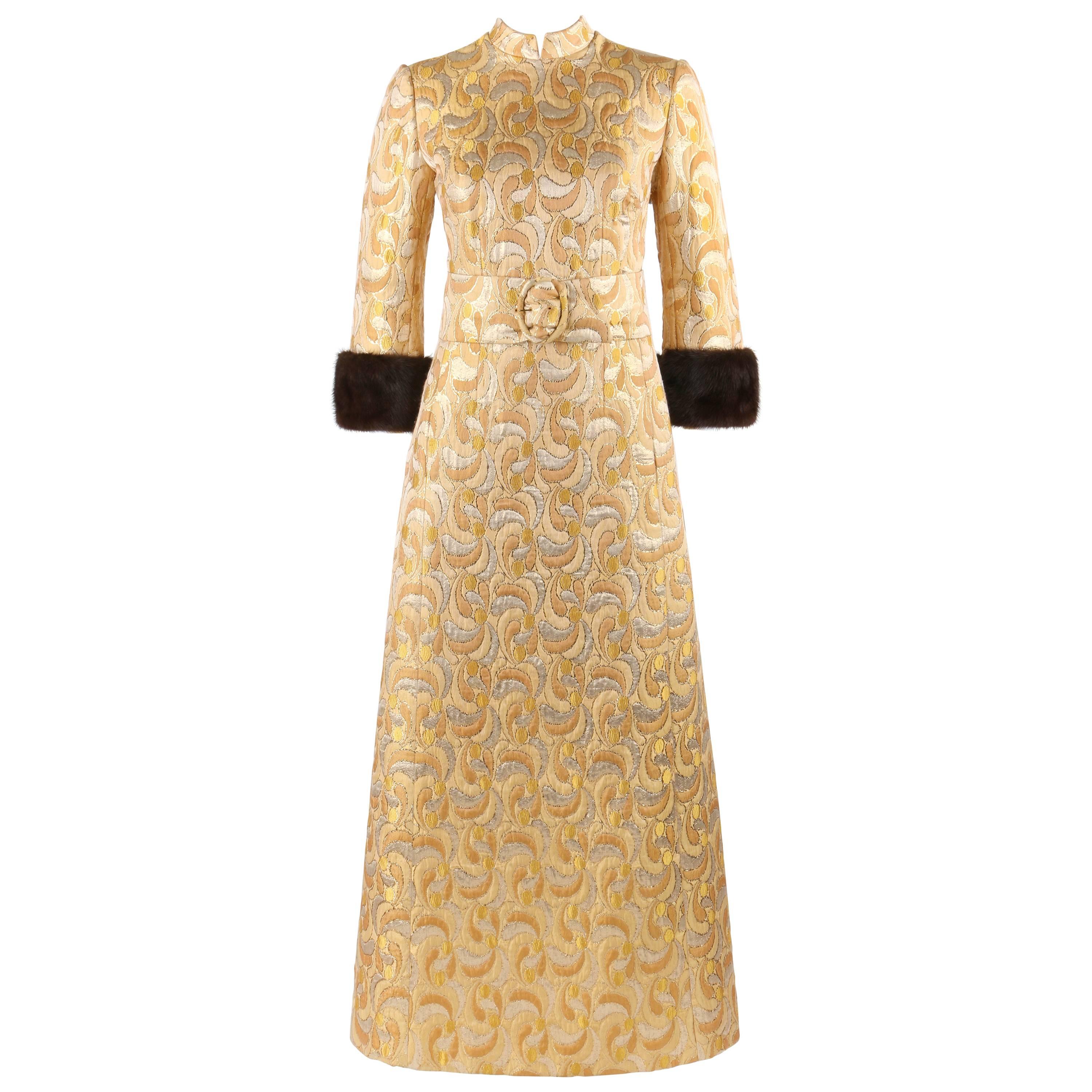 LILLIE RUBIN c.1960's Metallic Brocade Mink Fur Cuff Belted Caftan Evening Dress