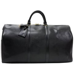 Retro Louis Vuitton Keepall 50 Black Epi Leather Travel Bag 