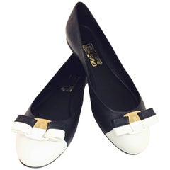   Salvatore Ferragamo Black with White Cap Toe Varina Ballet Flats