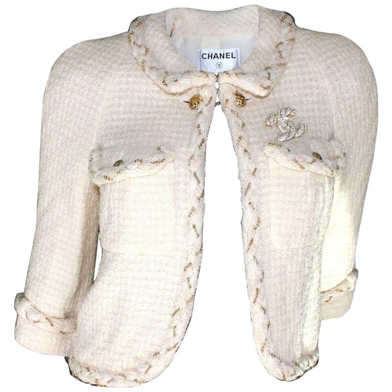 Classy Chanel Ivory Chain Braided Tweed CC Logo Button Jacket at 1stDibs