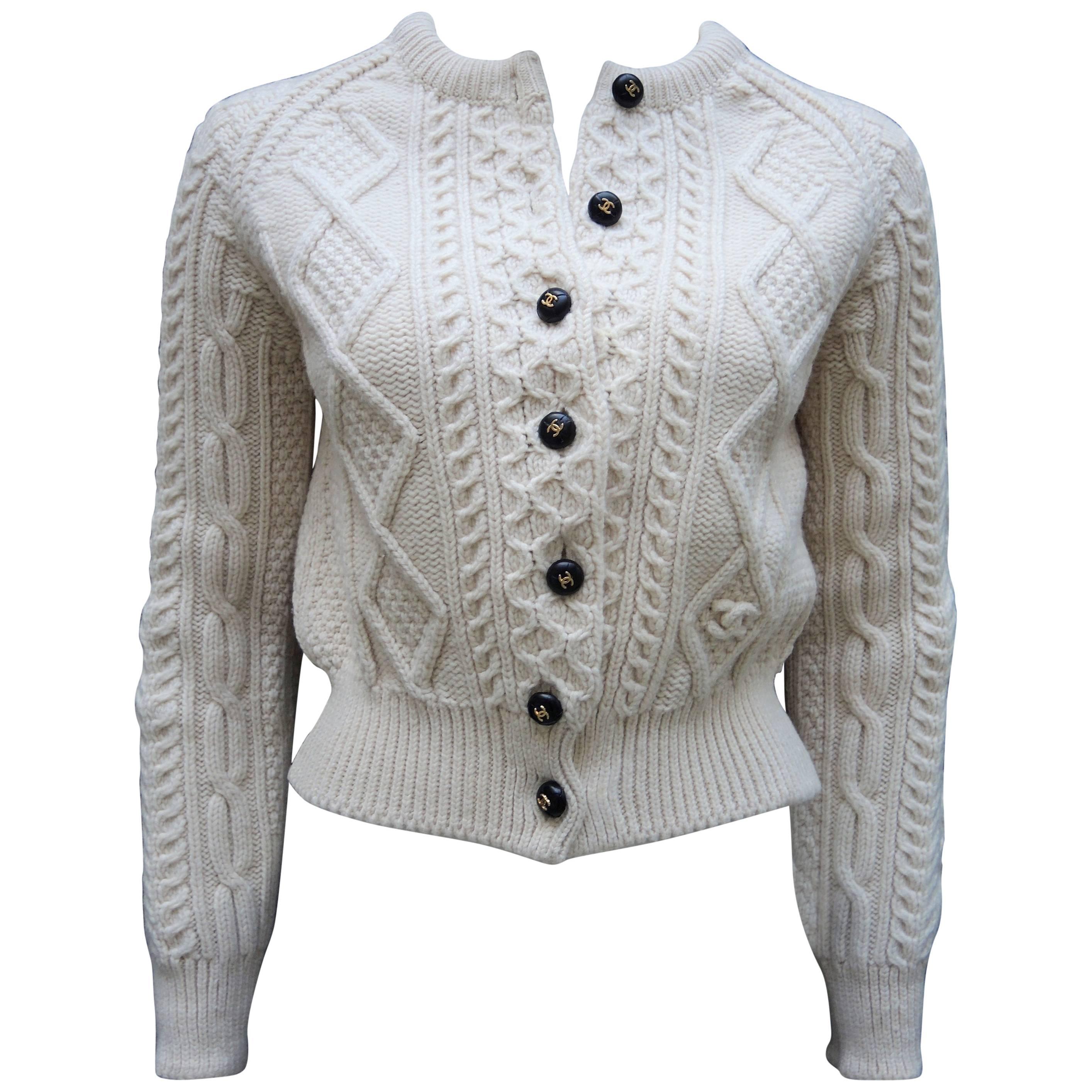 Chanel Handknit Ivory Wool Cardigan Sweater Winter Collection, 1999