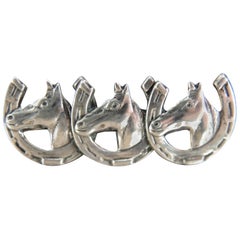 1940s Sterling Silver Equestrian Pin Brooch with Horse Heads and Horse Shoes