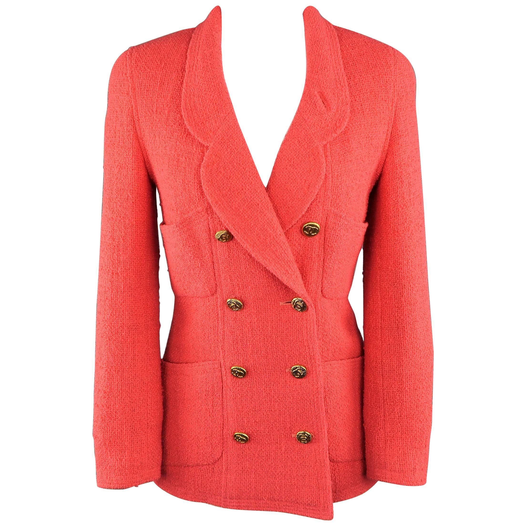 Chanel Jacket - Size 4 Coral Wool Boucle Double Breasted Gold Button Jacket