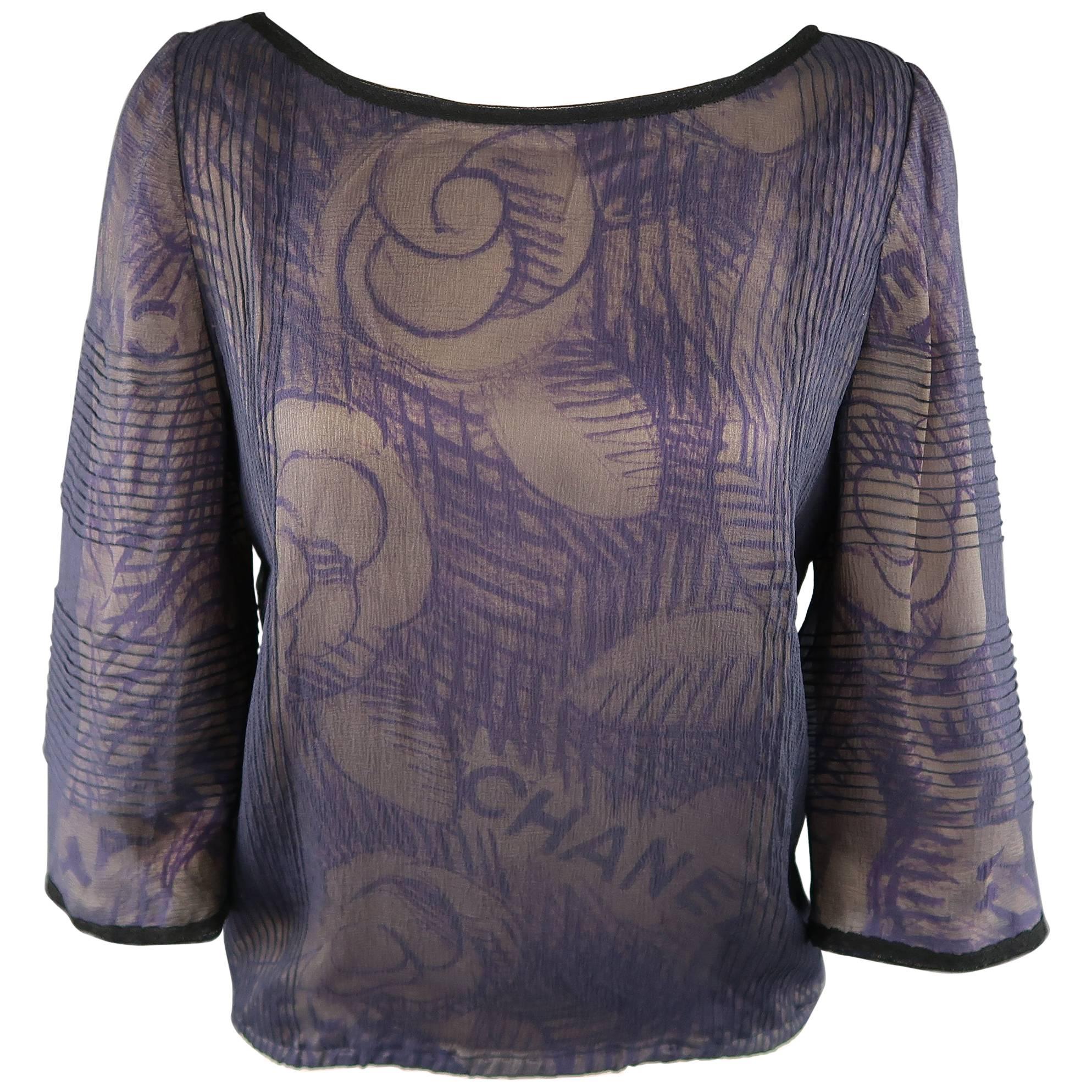 CHANEL Blouse - Size 6 Purple & Beige Camellia Chiffon Overlay Silk 3/4 Sleeve