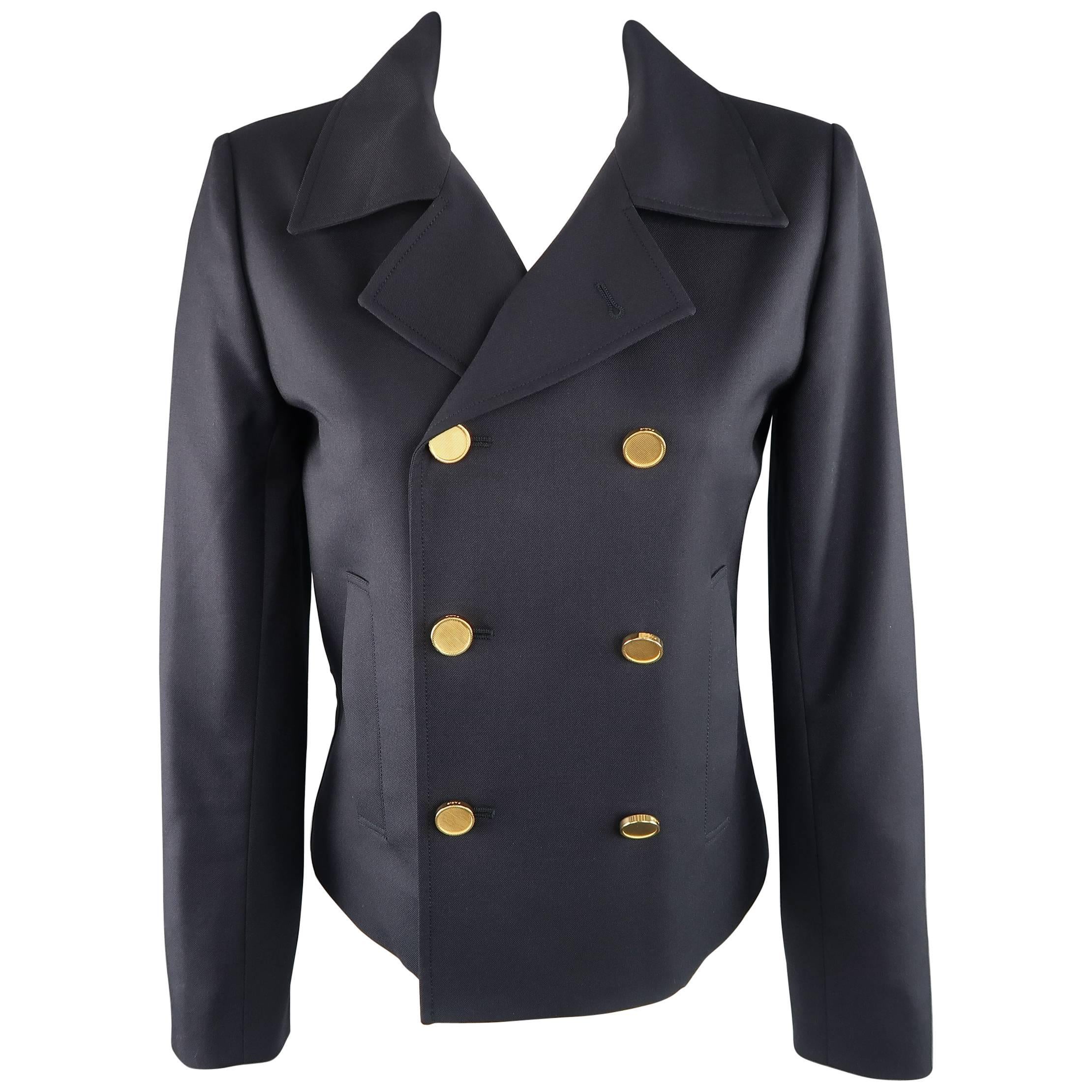 SAINT LAURENT Size 4 Navy Wool Gold Button Cropped Double Breasted Jacket