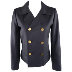 SAINT LAURENT Size 4 Navy Wool Gold Button Cropped Double Breasted Jacket