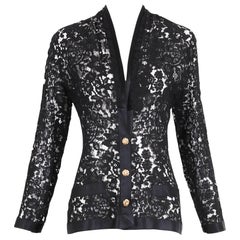Chanel Black Lace Jacket with Black Silk Trim and Gold tone Camellia Buttons
