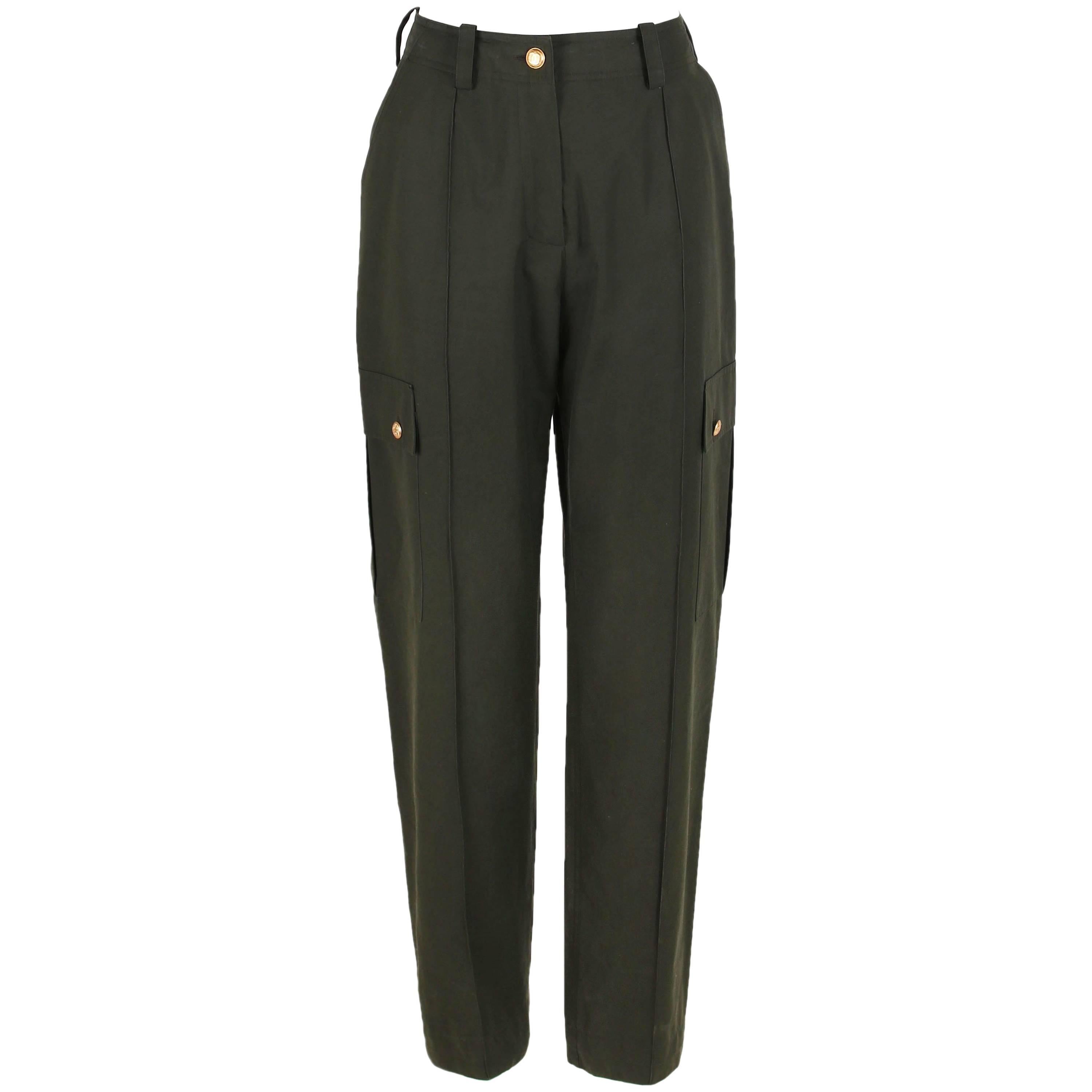  Chanel Olive Green High-Waisted Cargo Pants With Gold toned CC Logo Buttons