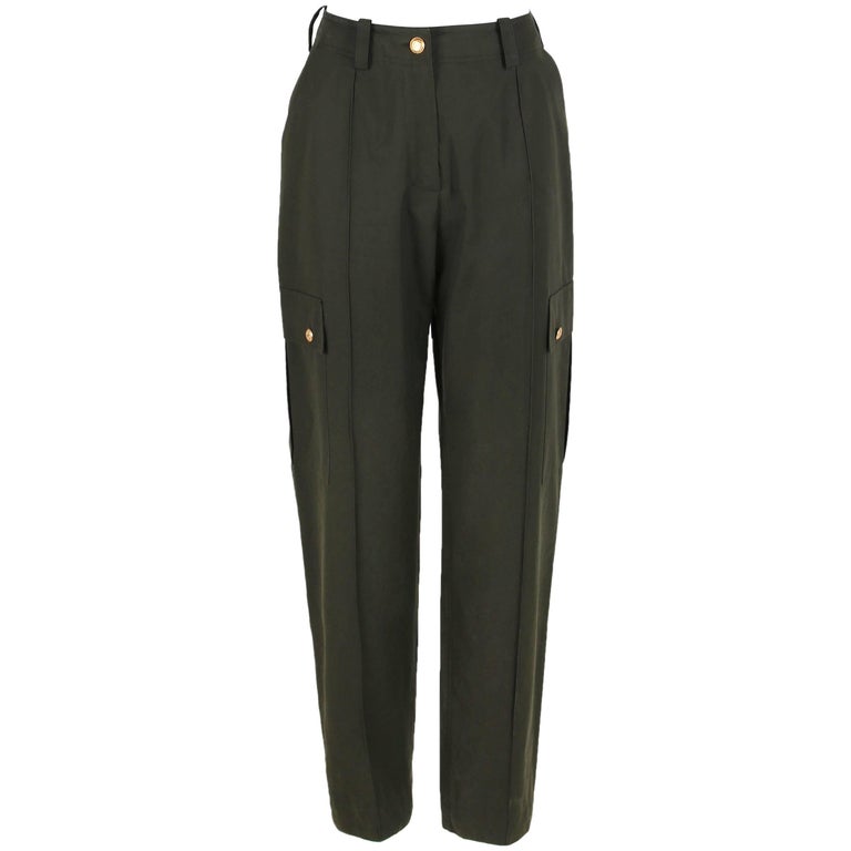 Chanel Olive Green HighWaisted Cargo Pants With Gold toned CC Logo
