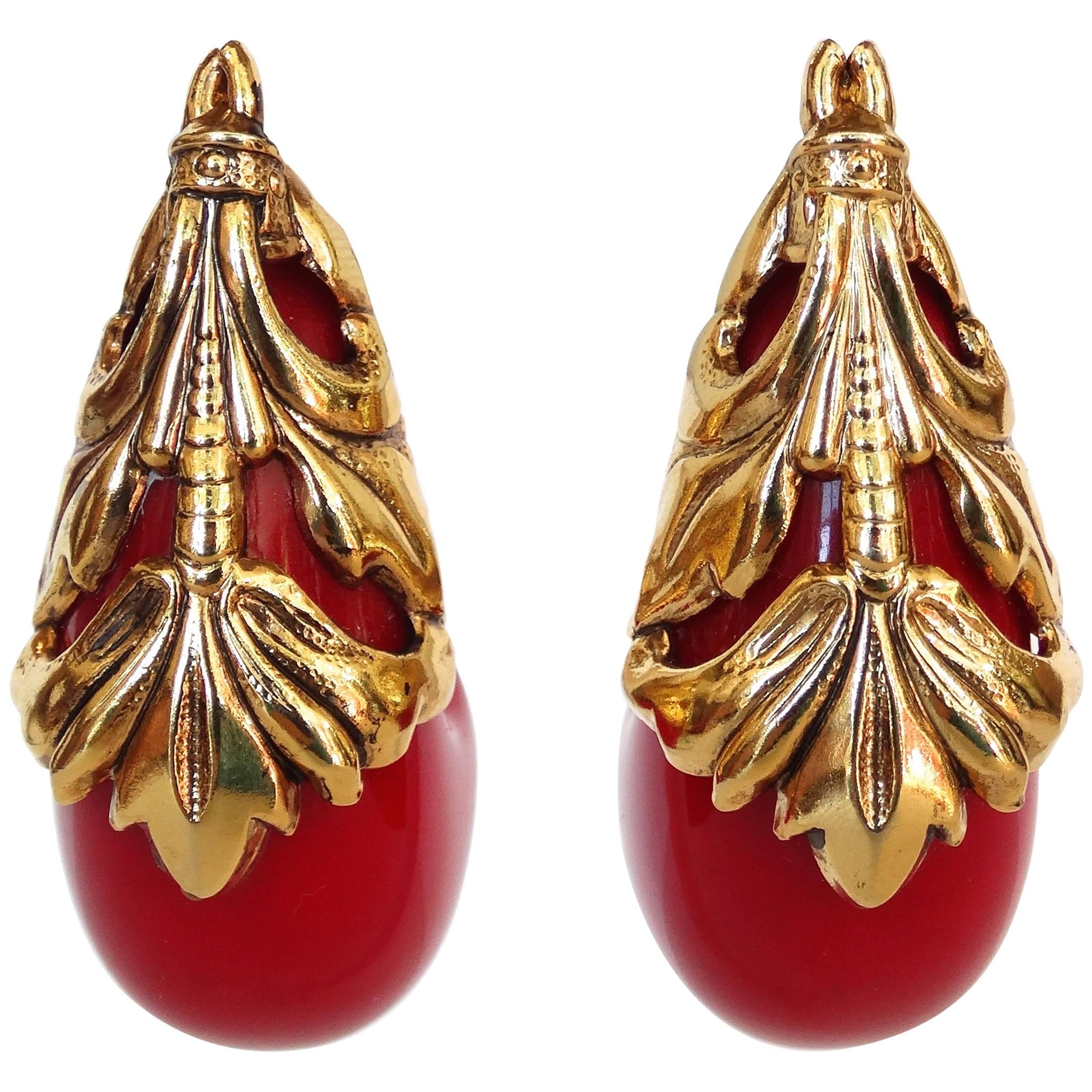 1980s Unsigned Filigree Red Teardrop Earrings 