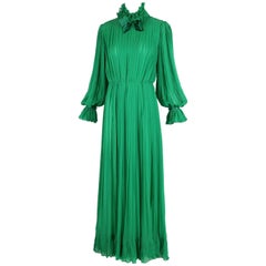 Vintage 1970's Bill Blass Green Silk Chiffon Pleated Evening Gown w/Silk Trim 