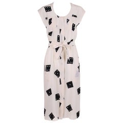 Fendi Vintage White Silk Sleeveless Day Dress with Black Dice Print and Belt