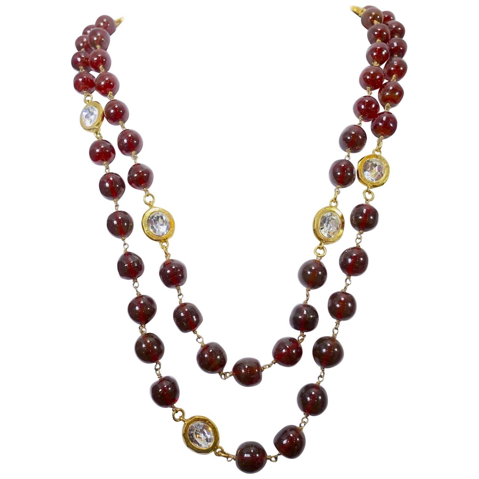 Vintage Signed Chanel 70s Cranberry Gripoix Glass and Crystal Sautoir Necklace