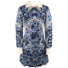 VALENTINO Size 6 Blue Ornate Silk Lace White Collared French Cuff Dress