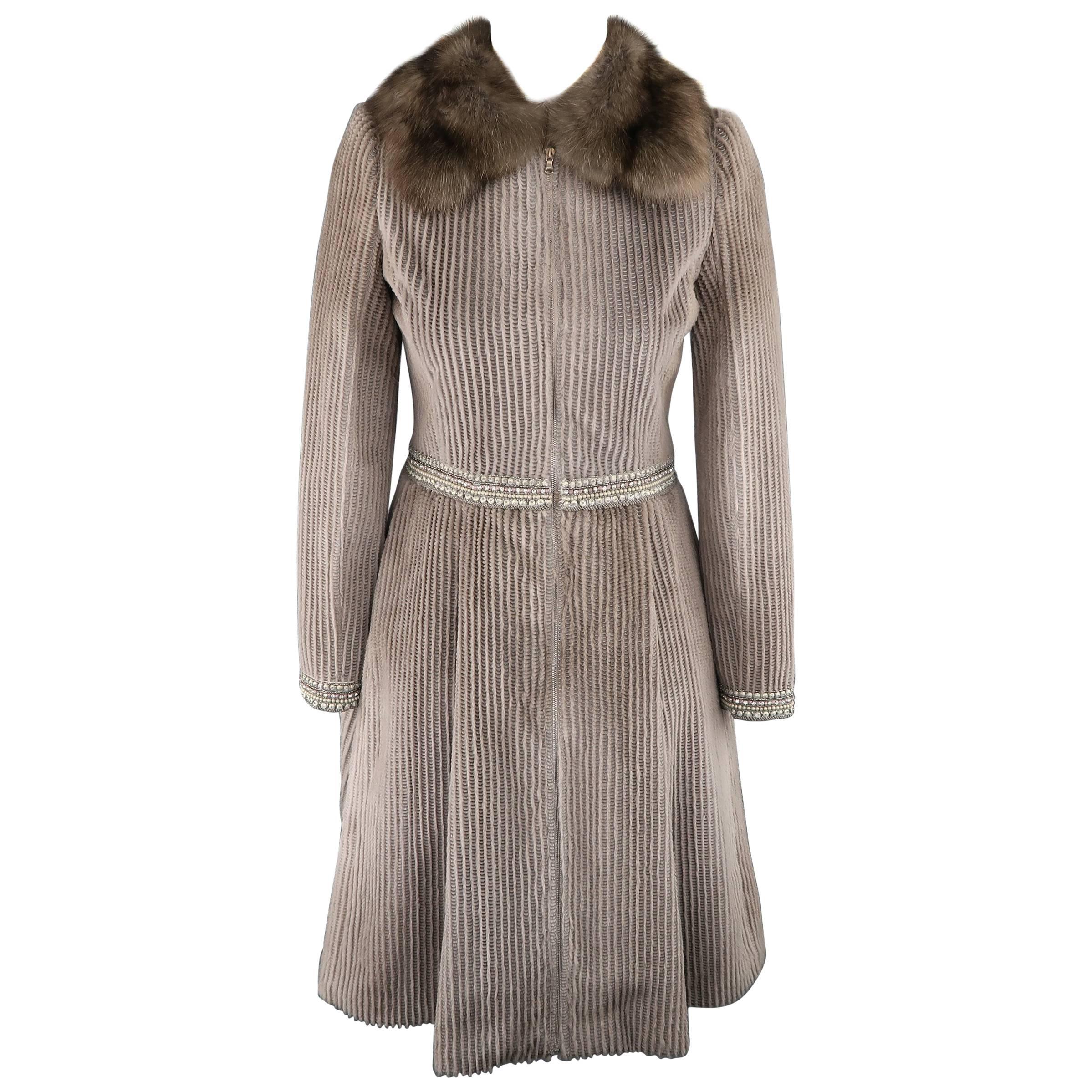 Dennis Basso Taupe Perforated Mink Sable Collar Pleated Skirt Cocktail Dress