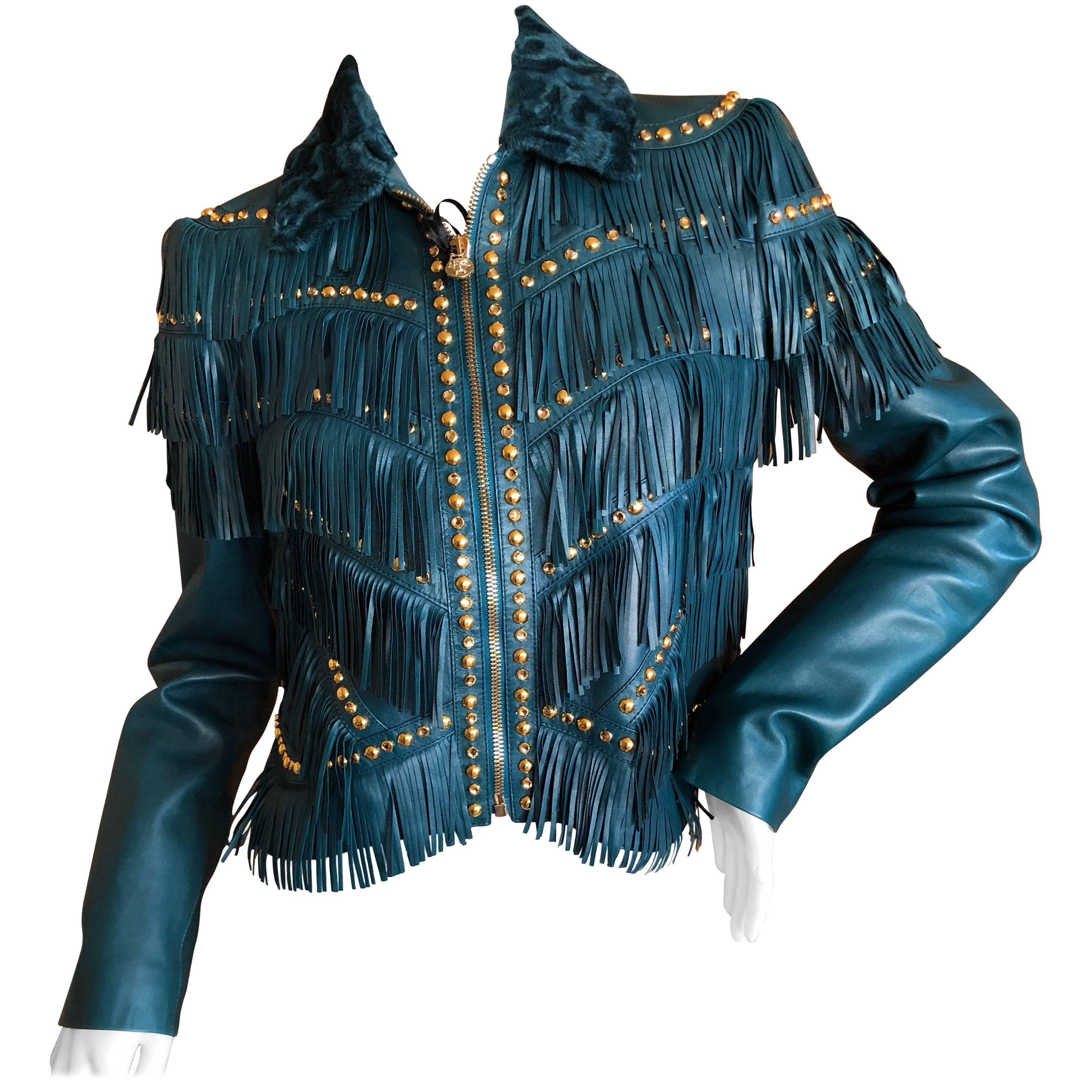 Versace Blue Fringe Stud and Jeweled Lambskin Leather Jacket NWT $9960 For Sale