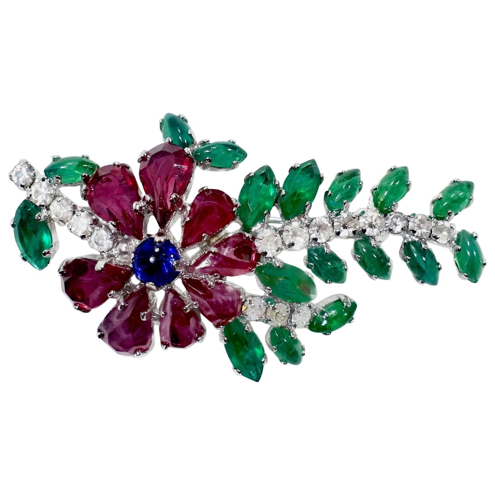 Vintage Signed Christian Dior Germany MultiColor Rhinestone Brooch at