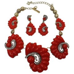 Authentic Oscar de la Renta Statement Red Shell Necklace 
Earrings