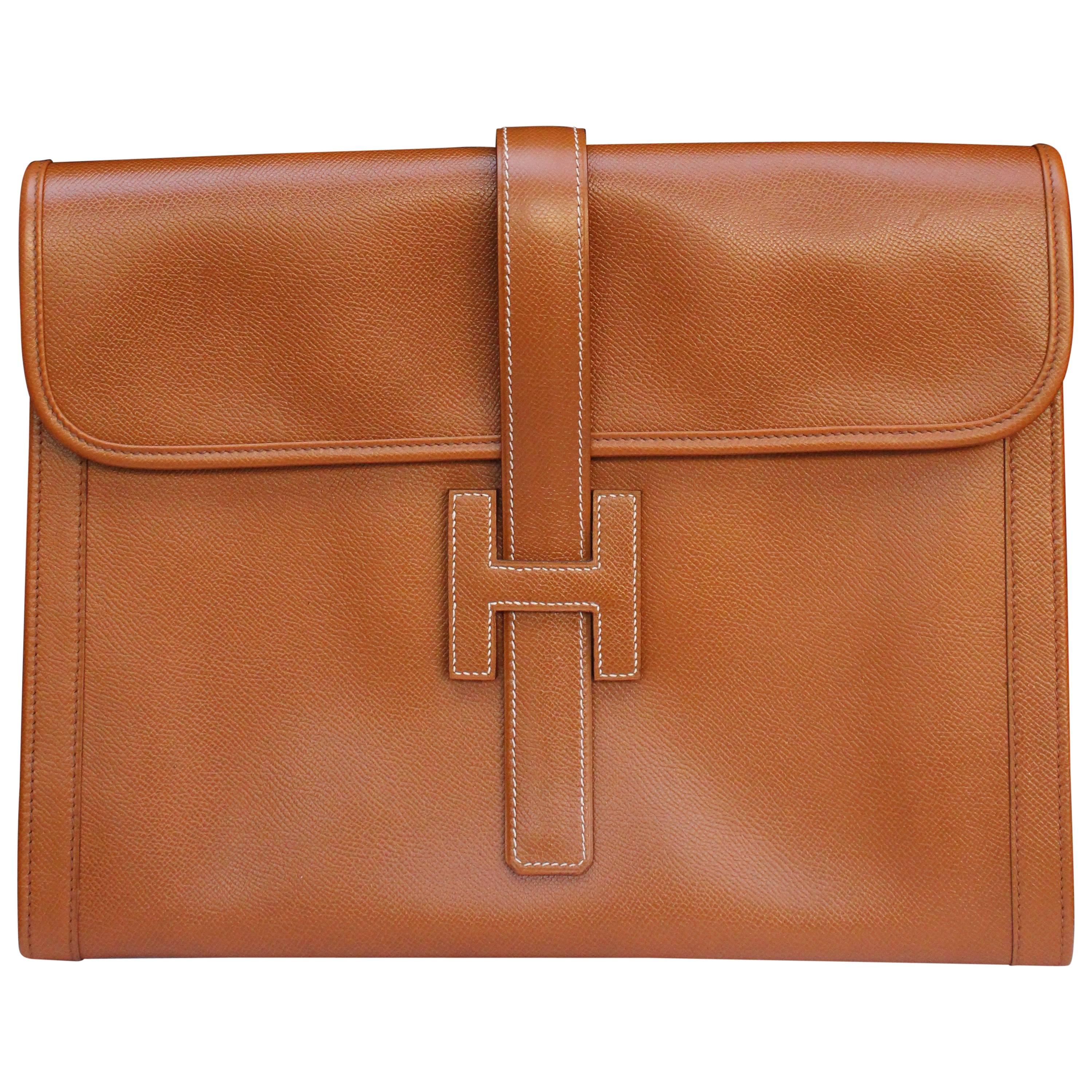 Hermès “Jige” model clutch in tan togo leather
