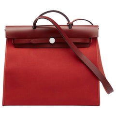 Vintage Hermes Rouge H Hunter Cowhide Leather and Rouge Venitienne Canvas 