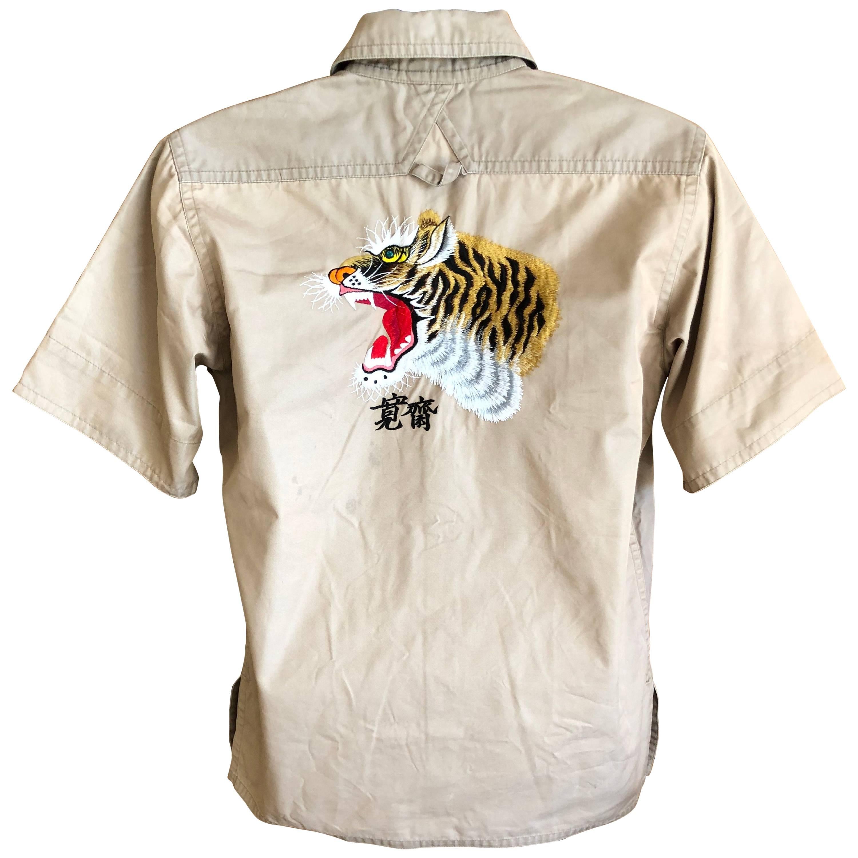 Kansai Yamamoto Khaki Men's Military Shirt with Tiger Embroidery For Sale