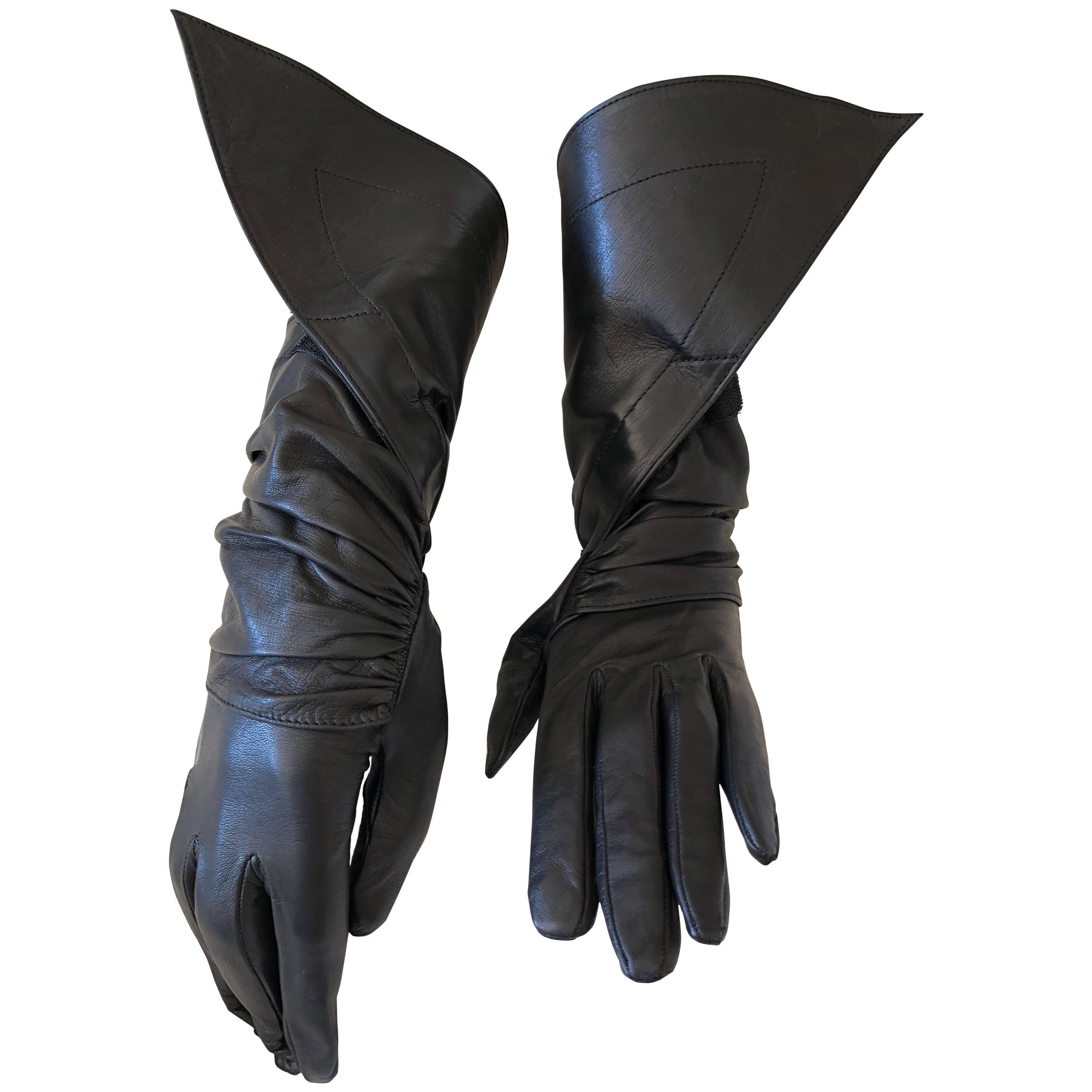 Azzedine Alaia 1980's Black Wrap Lambskin Leather Gauntlet Gloves